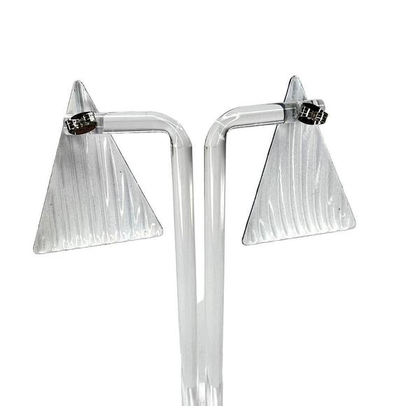 Vintage Royal Blue Fluted Domed Triangle Post Stud Earrings Metal Pyramid - Picture 2 of 4